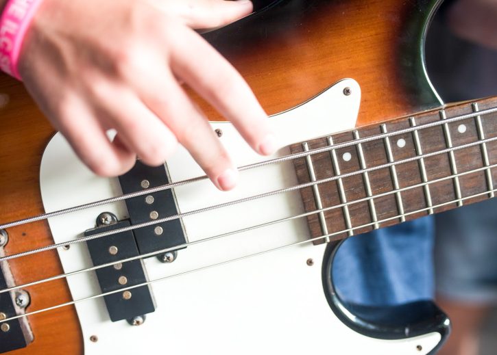 Close up of finger playing guitar