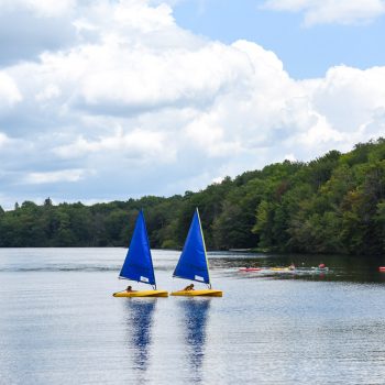 Two sailboats on a calm lake